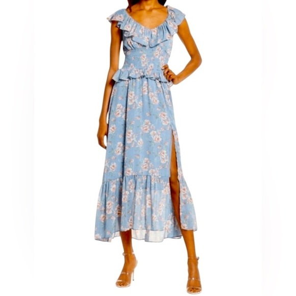 Floret Studios blue floral v neck smocked ruffle midi dress high slit size small - Picture 3 of 14